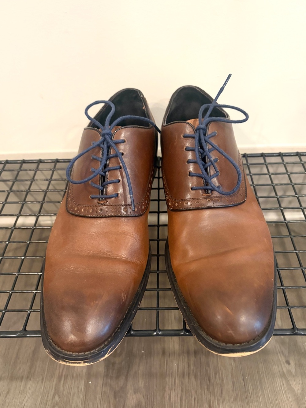 Aston Grey brown leather oxford dress shoes featuring blue laces - Drake